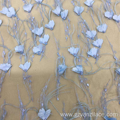 Blue Feaher Pearl Flower Embroidered Fabric for Dresses